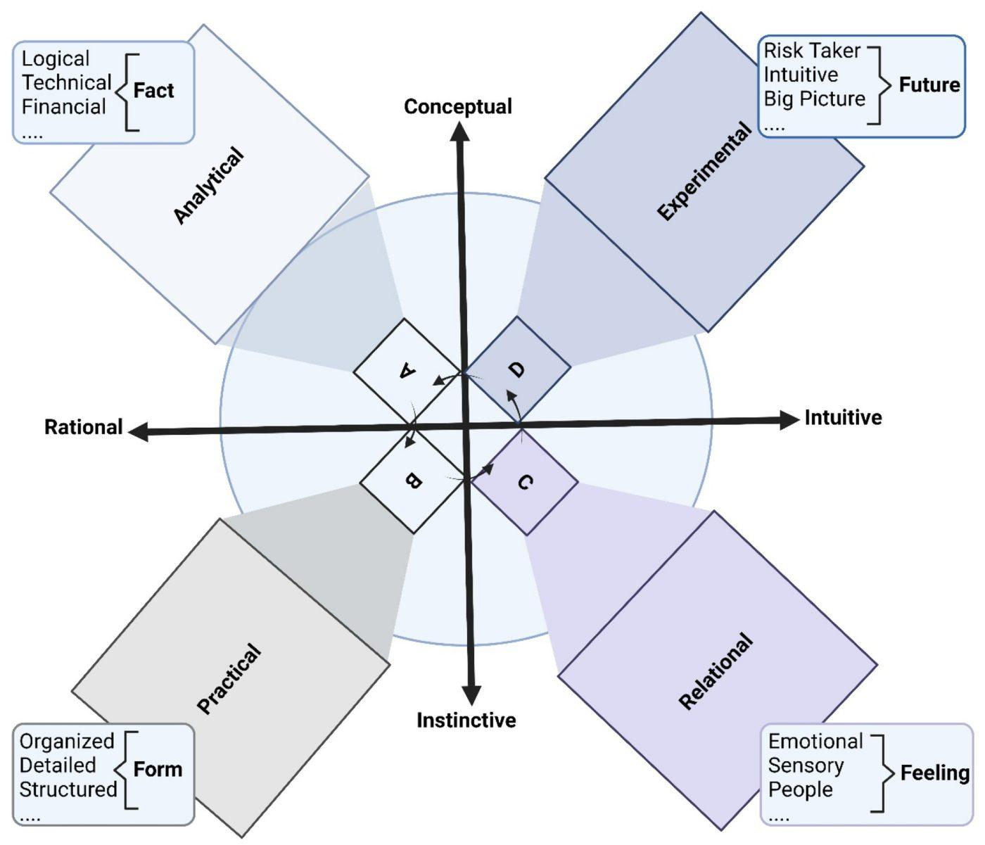 Figure 1 — four thinking styles on rational–intuitive and conceptual–instinctive axes: analytical (logical, technical, financial, fact), experimental (risk taker, intuitive, big picture, future), practical (organised, detailed, structured, form) and relational (emotional, sensory, people, feeling)