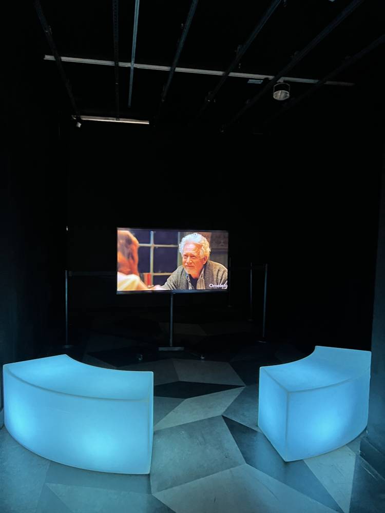 Immersive installation — Light benches and screen in the dark gallery