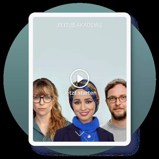 ZEIT Akademie e-learning course cover showing Dr. Radwa Khalil with two fellow experts and a 'Jetzt starten' play button