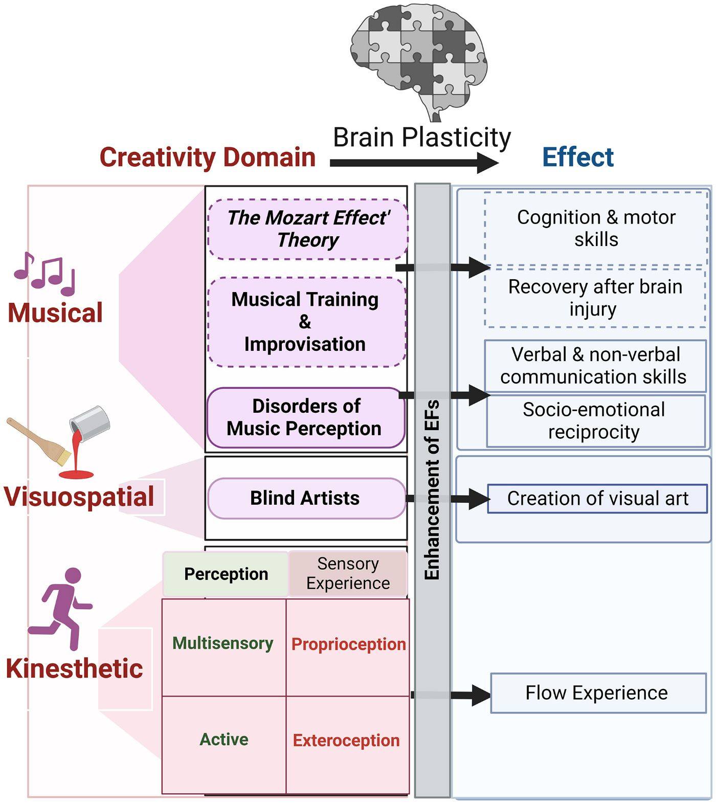 Figure 7 — creativity domains (musical, visuospatial, kinesthetic) and their effects via brain plasticity: Mozart‑effect theory, musical training and improvisation, disorders of music perception, blind artists, perception, proprioception, interoception