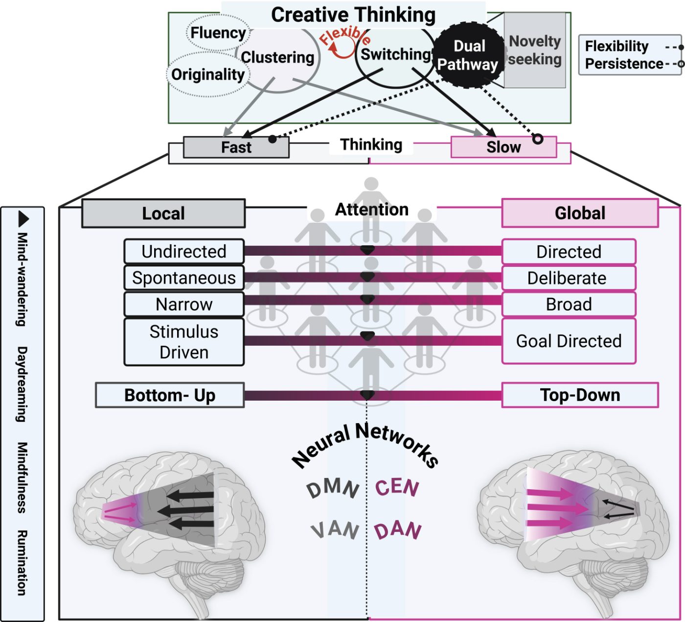 Creative thinking components (fluency, originality, clustering, switching, dual pathway, novelty seeking) feed fast and slow thinking; attention spans local to global — undirected/directed, spontaneous/deliberate, narrow/broad, stimulus‑driven/goal‑directed, bottom‑up/top‑down — implemented by the default mode, central executive, ventral and dorsal attention networks; side strip: mind‑wandering, daydreaming, mindfulness, rumination